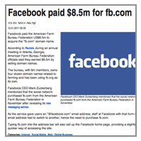 FACEBOOK KAUF DOMAIN FB.COM für 8,5 Millionen Dollar